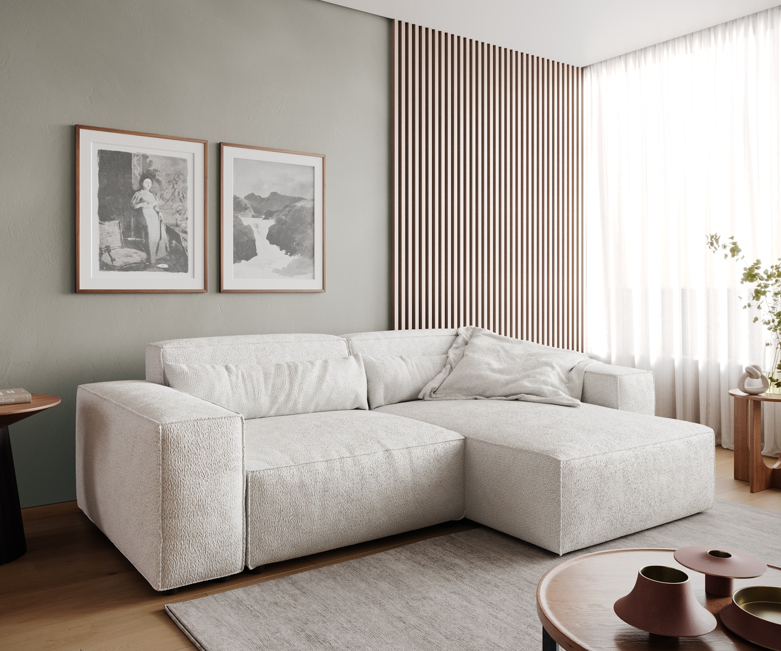 Hoekbank Sirpio 230x150 cm bouclee crème-wit recamiere variabele