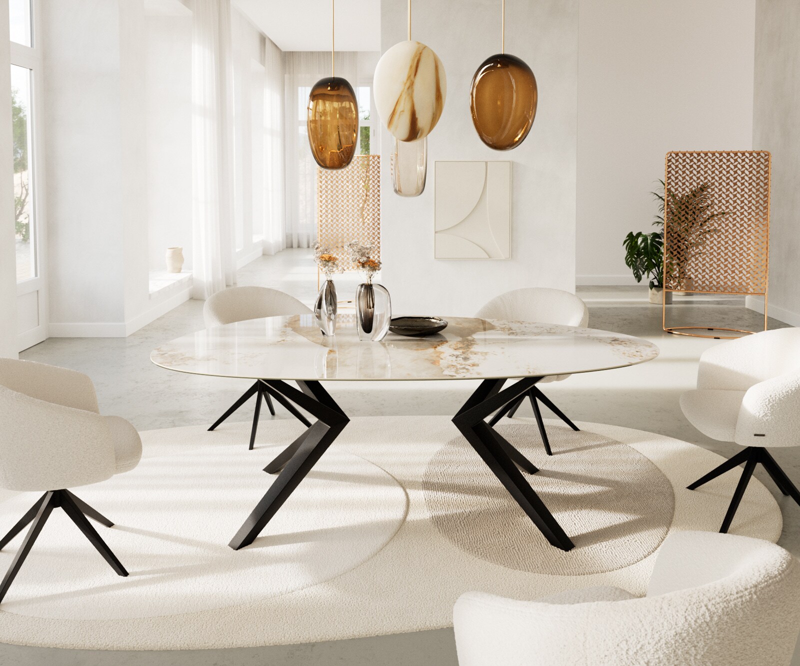Eetkamertafel Edge ovaal 220x120 keramiek Minas Melange wit-Beige Zenthara hoekig metaal zwart 2