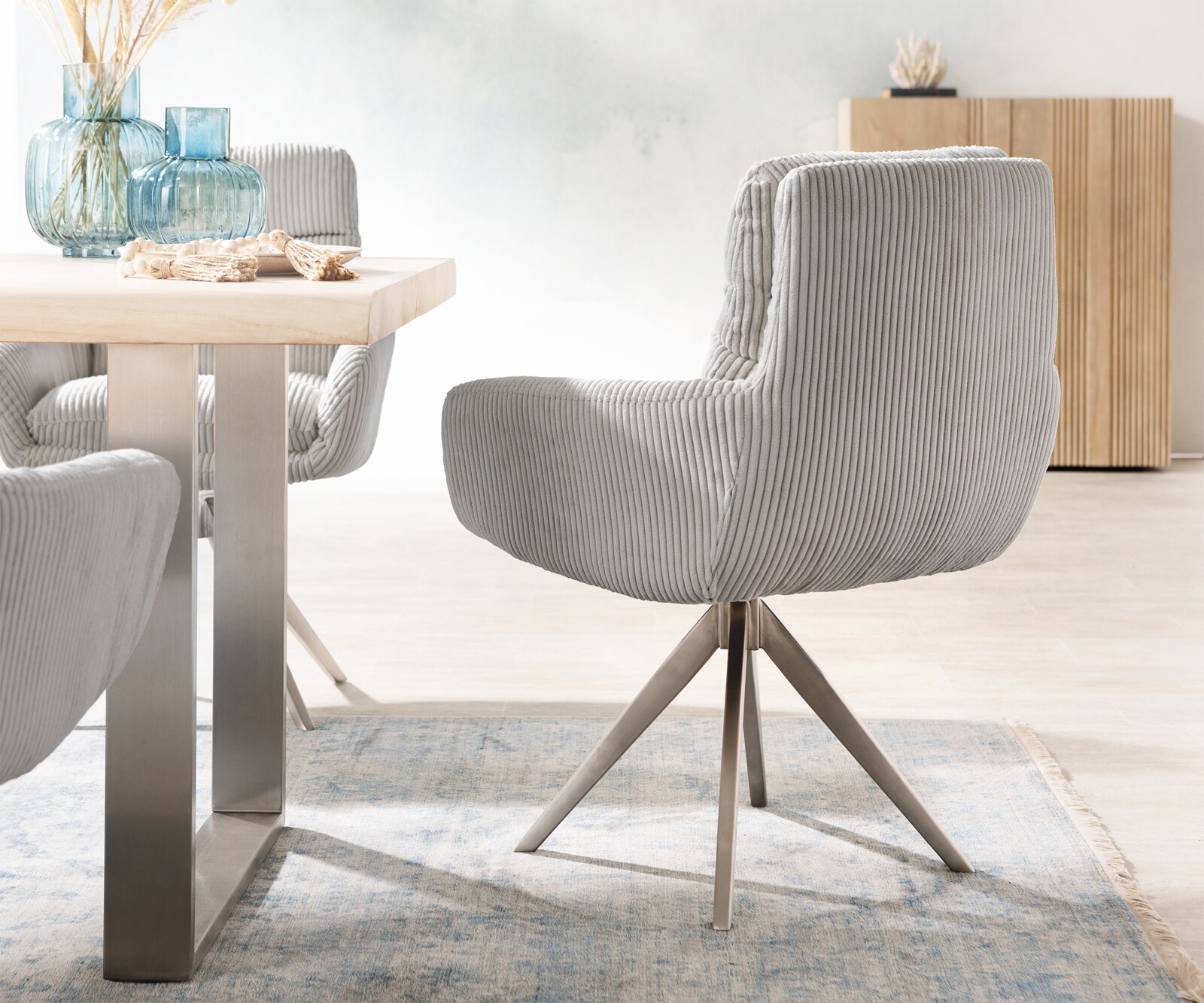 Eetkamerstoel Abelia-Flex met armleuning koord zilver grijs kruisframe hoekig roestvrij staal 4 Eetkamerstoel Abelia-Flex met armleuning koord zilver grijs kruisframe hoekig roestvrij staal 4