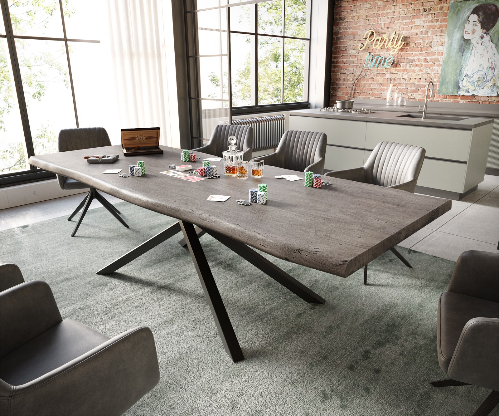 Eettafel Edge 260x100 XL acacia platina  kruisframe rechthoek zwart  Live-Edge 1