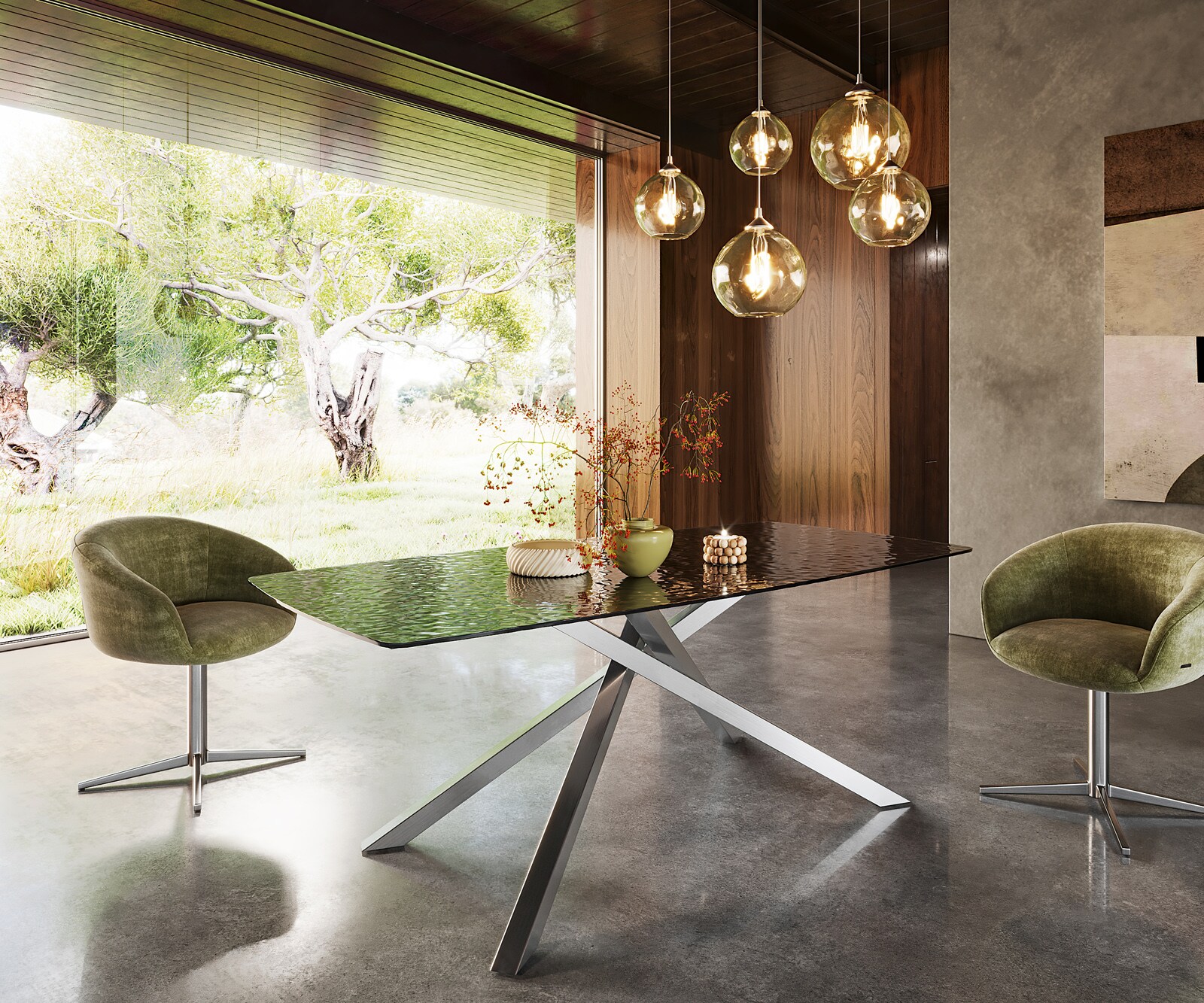 Eetkamertafel Edge Boot 200x100 Glas smelten rokerig zwart 3D-Relief kruisframe rechthoek RVS 3