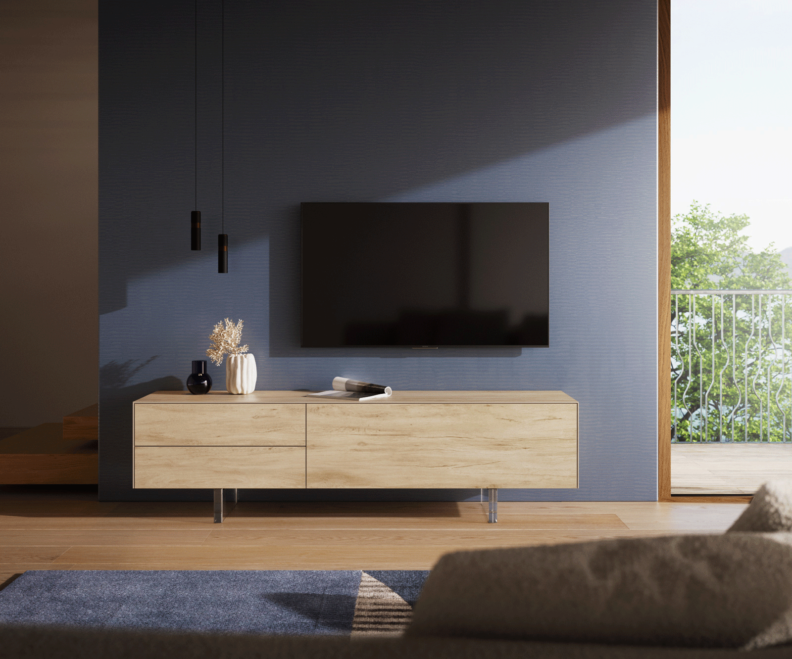 Tv-meubel Cuor 180 cm Keramiek Laminam® Sabbia Eiken gekleurd 1 Flap 2 Laden Zwevende voet look Acrylglas 1