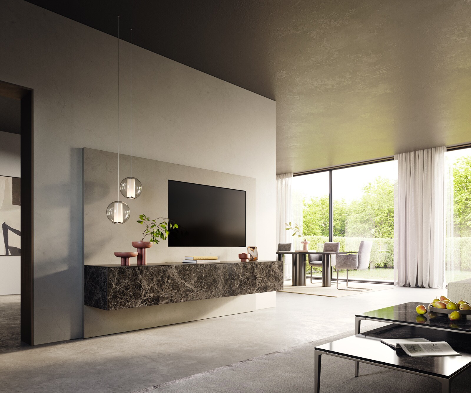 Tv-meubel Cuor 220 cm Keramiek Emperador Extra Lucidato Donkerbruin 1 Flap 2 Laden Zwevend 6