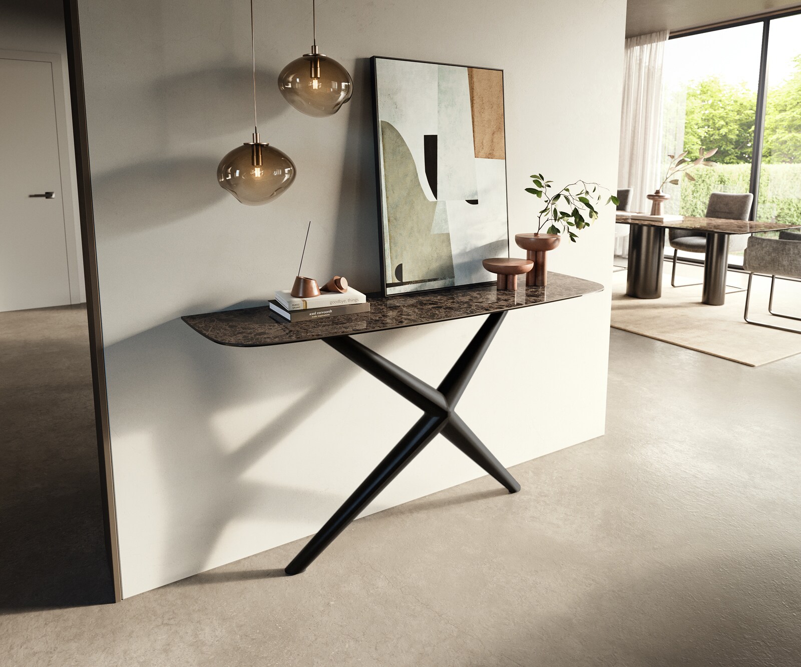 Consoletafel Edge Bootvorm 140x40 cm Keramiek Emperador Extra Lucidato Dunkelbraun Estelo Metaal Zwart 3