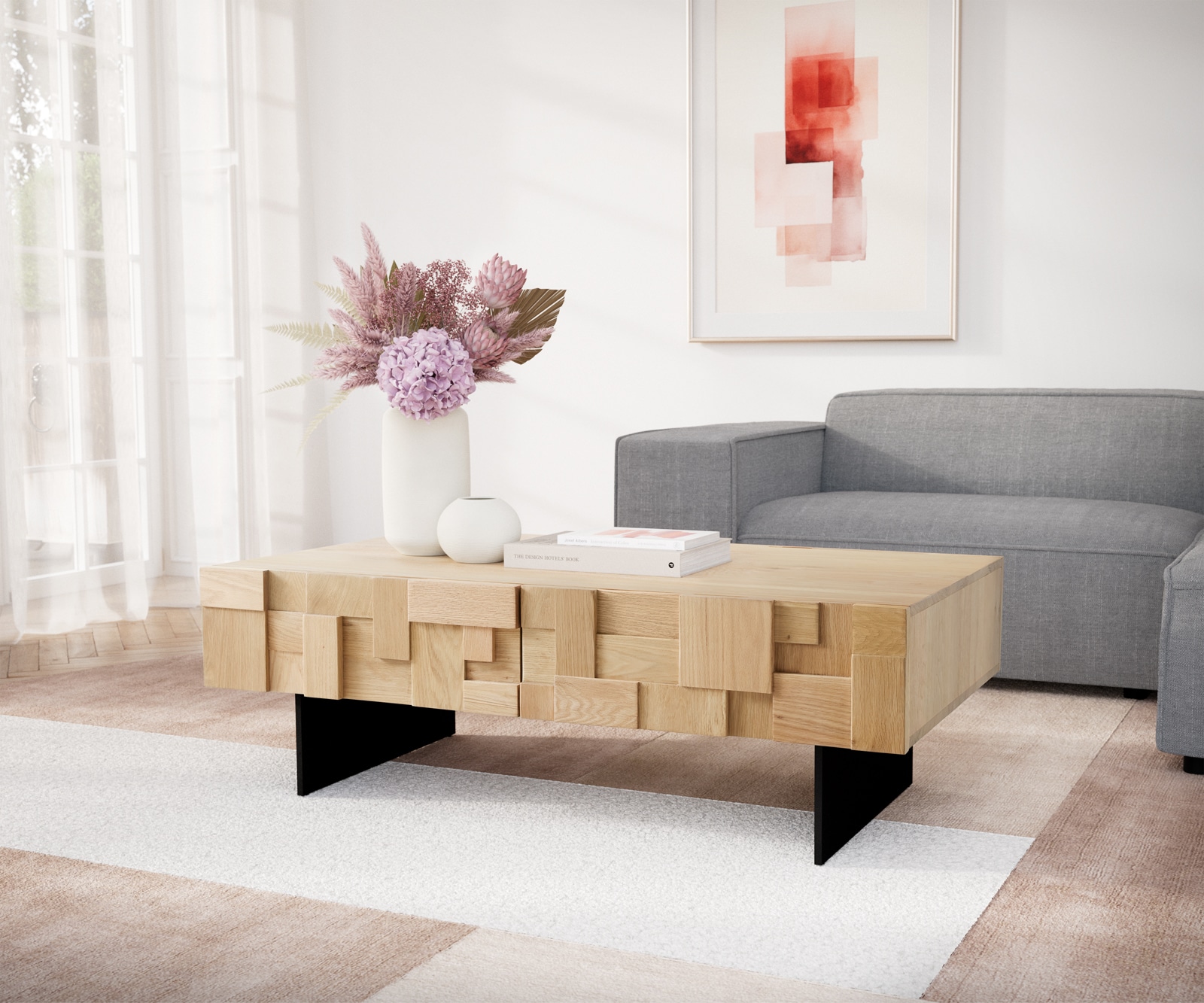 Salontafel Puzzle 120 cm 4 laden natuur eiken onderstel zwevend metaal zwart