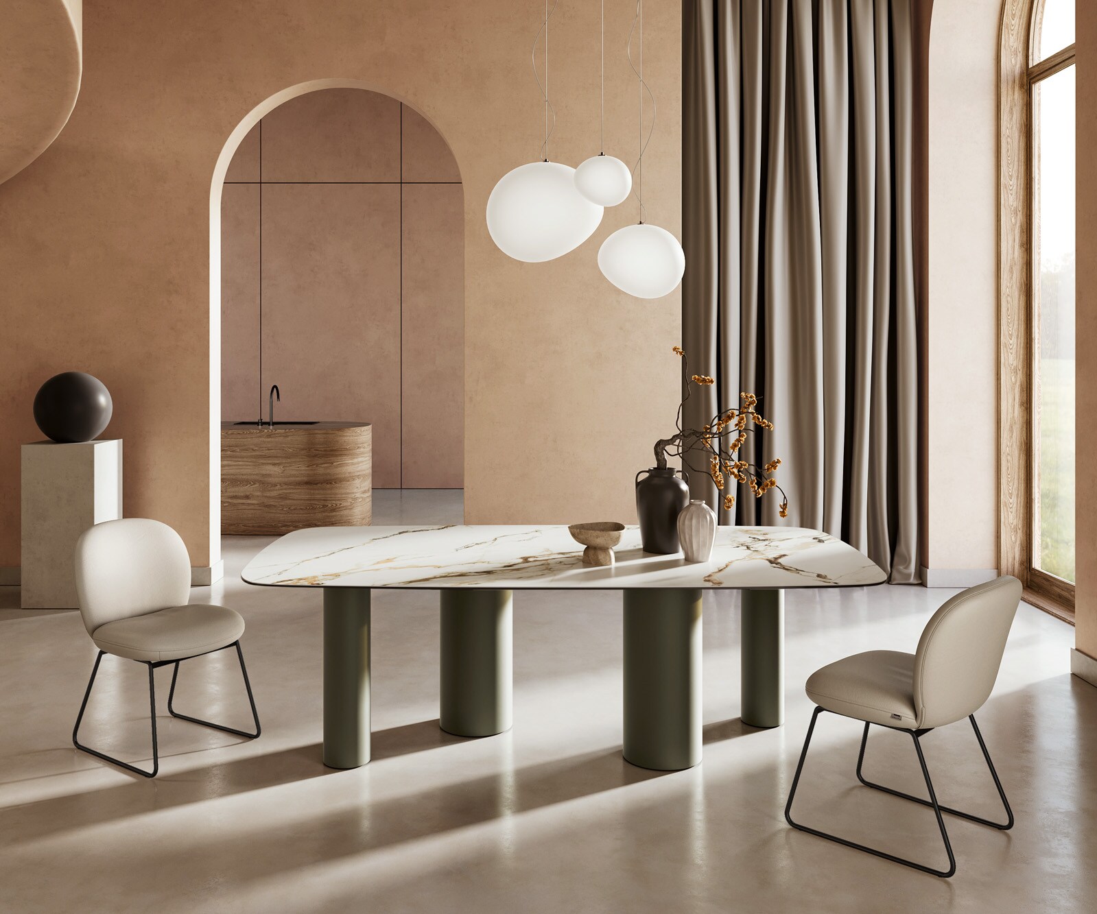 Eettafel Edge boot 240x120cm keramiek Calacatta Luxe wit-goud-grijs pilier metaal effect afwerking titanium
