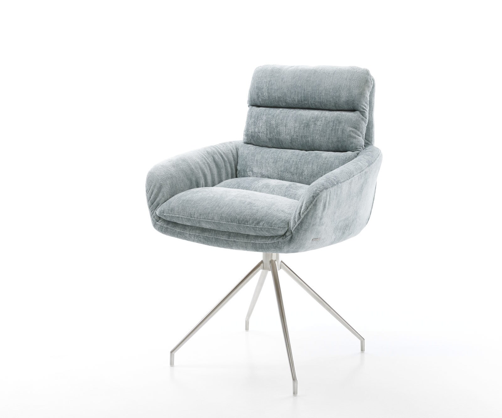 Draaistoel Abelia-Flex met armleuning chenille pastelblauw kruisframe conisch roestvrij staal 180° draaibaar