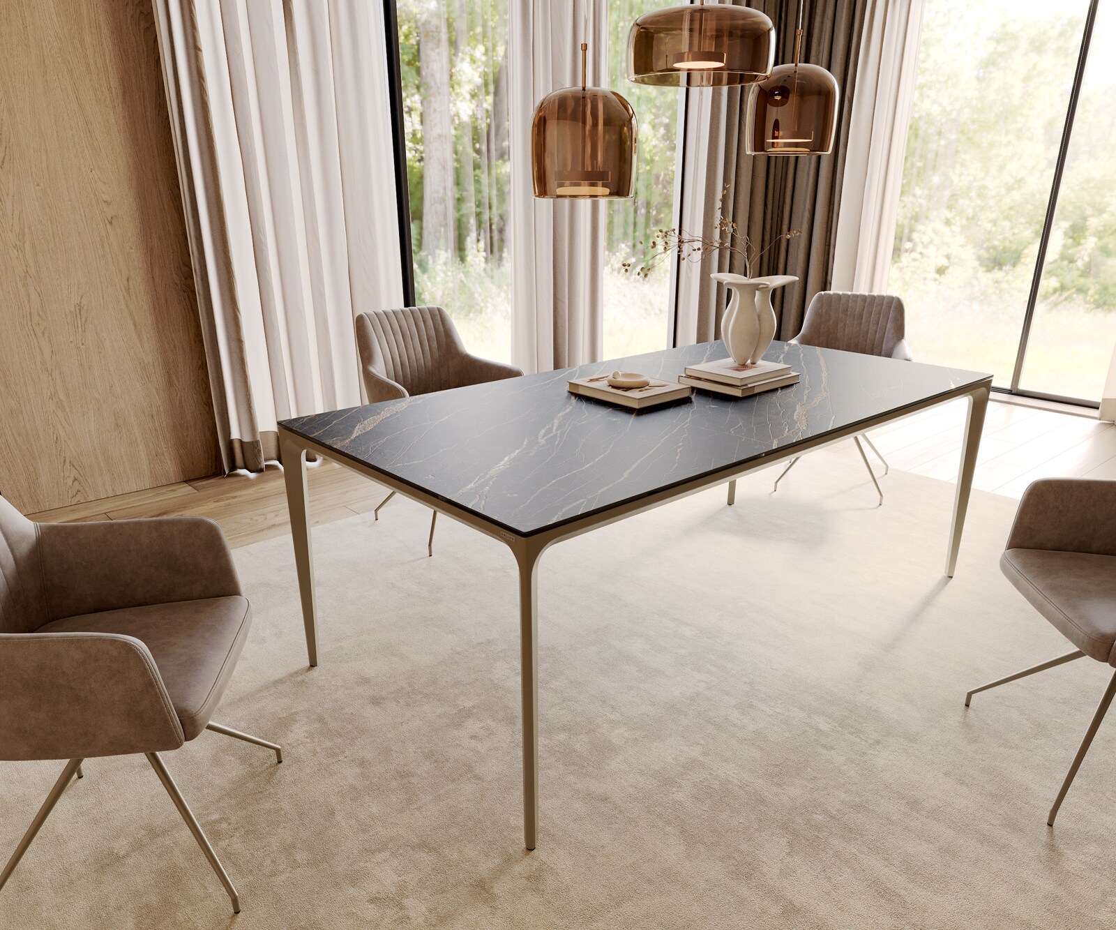 Eettafel Escina 200x100 cm keramiek Laminam®Noir Desir Bruin Aluminium onderstel 1