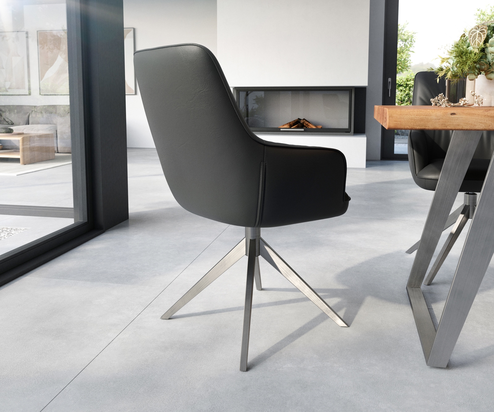 Eetkamerstoel Zelia-Flex met armleuning echt leer zwart kruisframe breed roestvrij staal pocketveer kern 4 Eetkamerstoel Zelia-Flex met armleuning echt leer zwart kruisframe breed roestvrij staal pocketveer kern 4