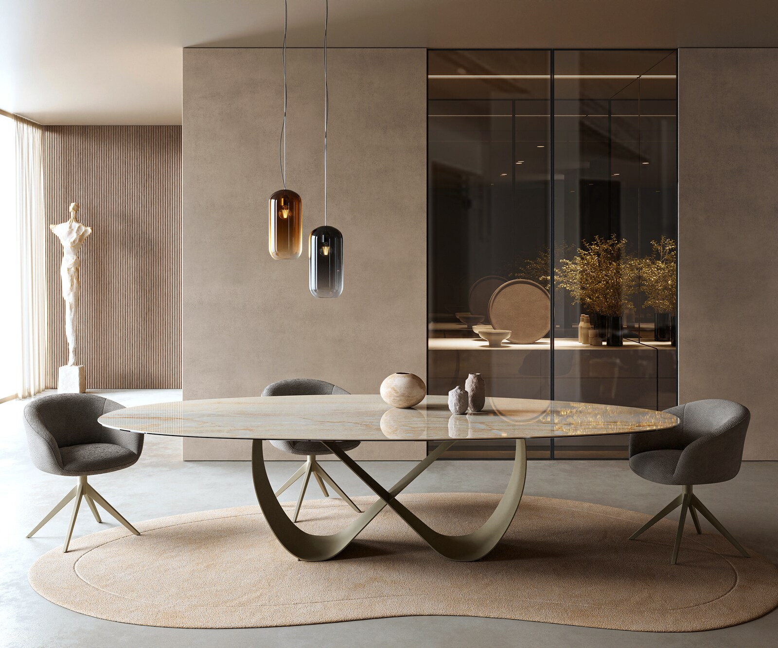 Eetkamertafel Edge Oval 315x150 cm Keramiek Iris FMG Onice Oro Infinity Metaal Effectafwerking Titan 2