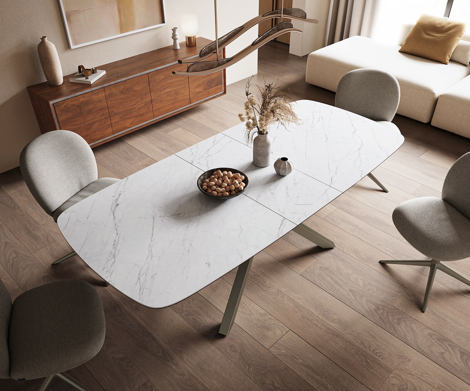 Eettafel Edge Boot 180-220x100 cm Keramiek Laminam® Statuarietto Wit kruisonderstel Rechthoek Effectafwerking Titan uitschuifbaar 4