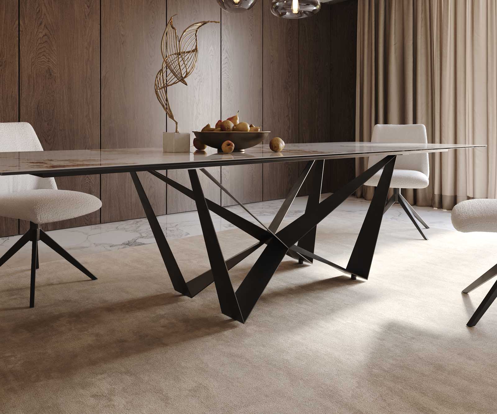 Eetkamertafel Edge 300x100 keramiek Minas Melange wit-beige spider vlak staal zwart 6