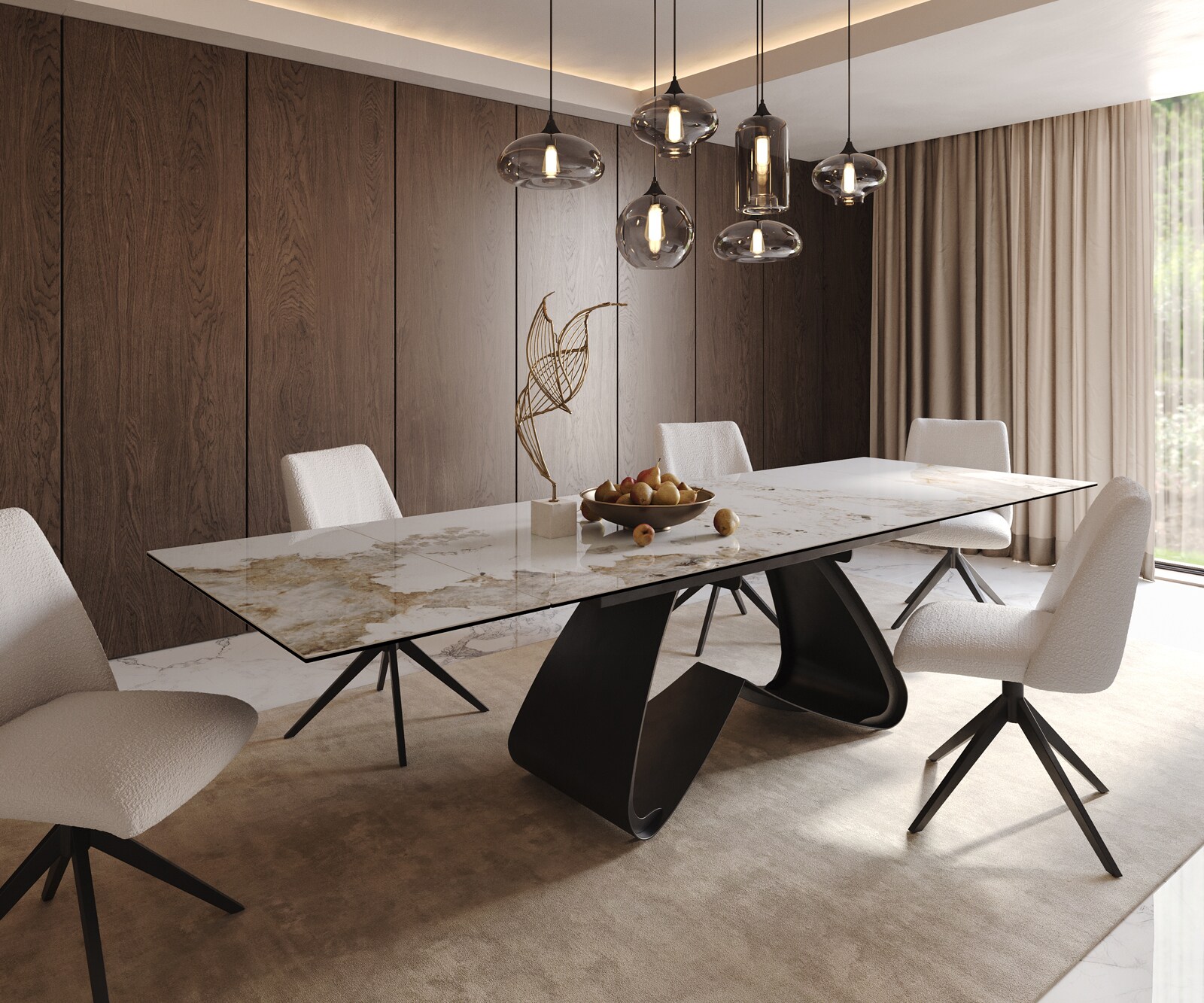 Eetkamertafel Edge 200-300x100 keramiek Minas Melange wit-beige W-frame zwart uitschuifbaar