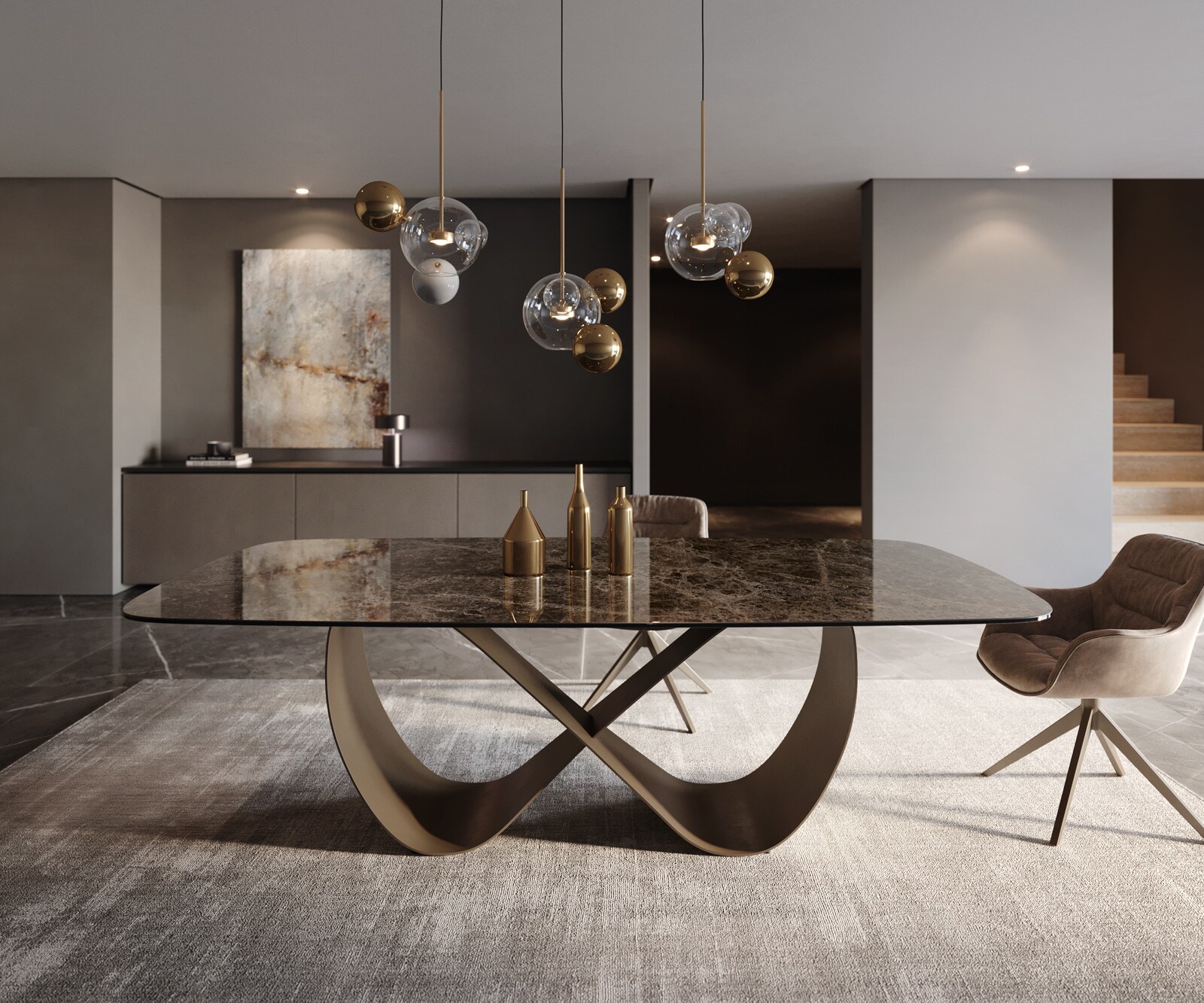 Eettafel Edge Boot Keramiek Emperador Extra Lucidato Donkerbruin 240x120 Infinity Metaal effectafwerking Titanium 1