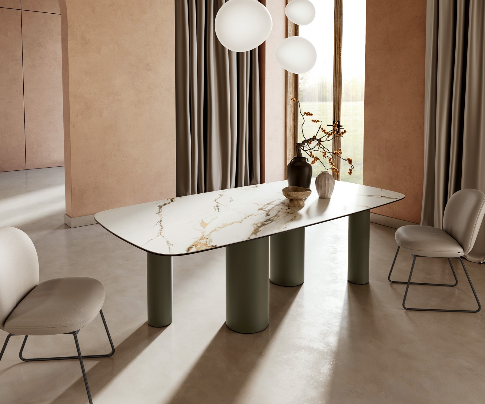 Eettafel Edge boot 240x120cm keramiek Calacatta Luxe wit-goud-grijs pilier metaal effect afwerking titanium 1 Eettafel Edge boot 240x120cm keramiek Calacatta Luxe wit-goud-grijs pilier metaal effect afwerking titanium 1