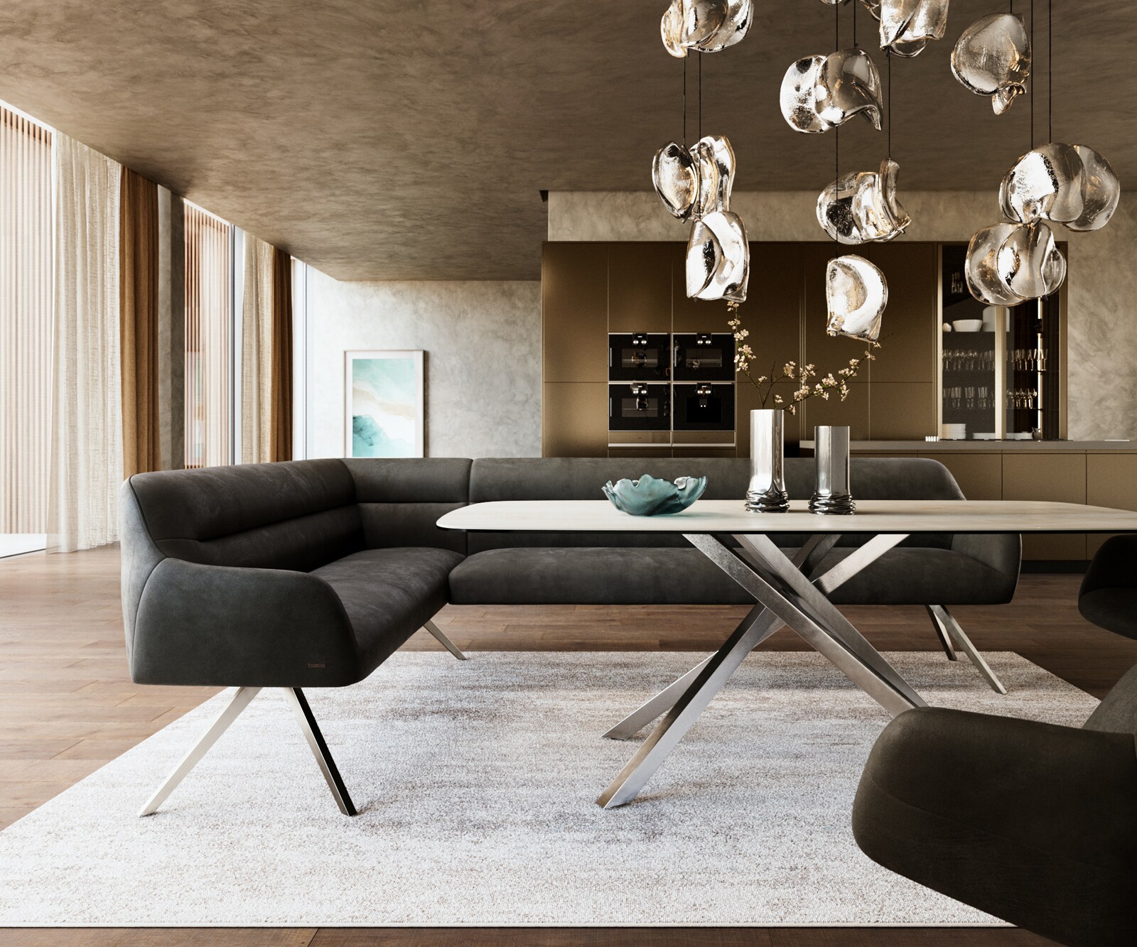 Eetkamerbank Taya-Flex 285x190 cm microvelours anthraciet vintage hoekig kruisframe roestvrij staal pocketvering rechts 2