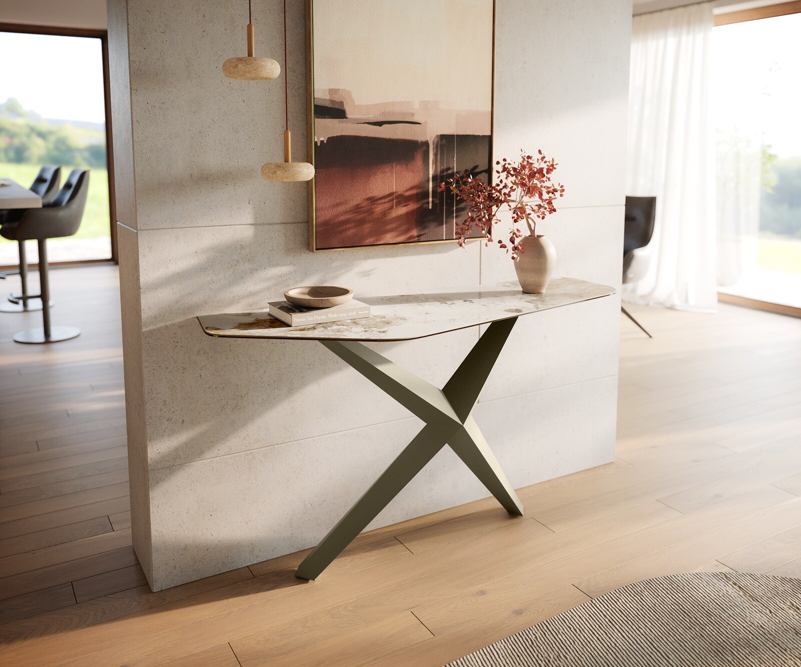 Consoletafel Edge Polygonaal 140x50 cm Keramiek Minas Melange Weiß-Beige Zentharo Metaal Effektfinish Titan 4