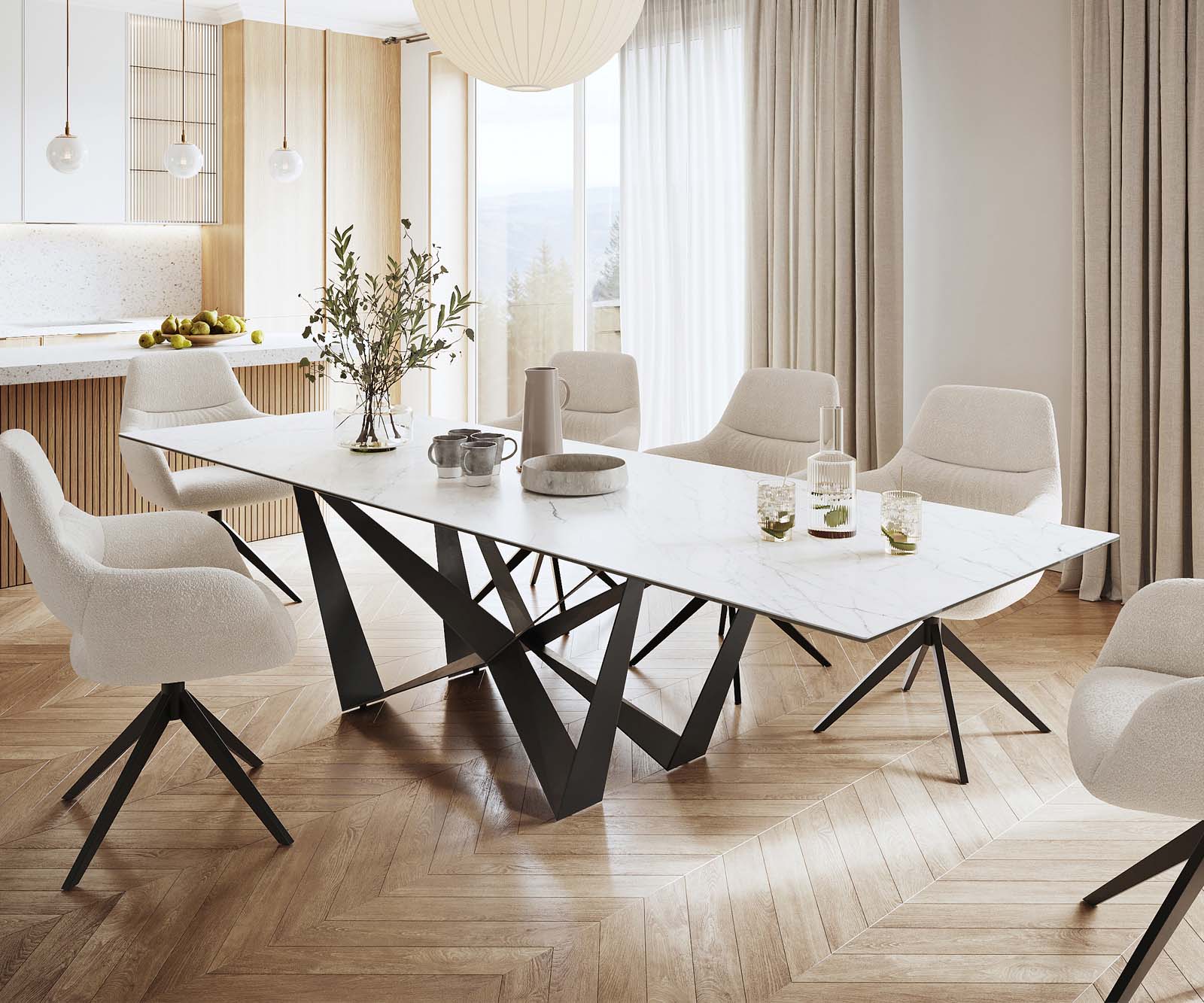 Eettafel Edge 300x100cm Laminam® keramiek wit middenpoot vlak staal zwart 1
