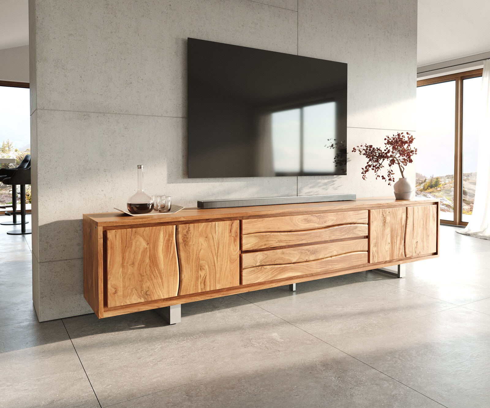  TV-tafel Live-Edge acacia 4-deurs boomrand Lowboard 3