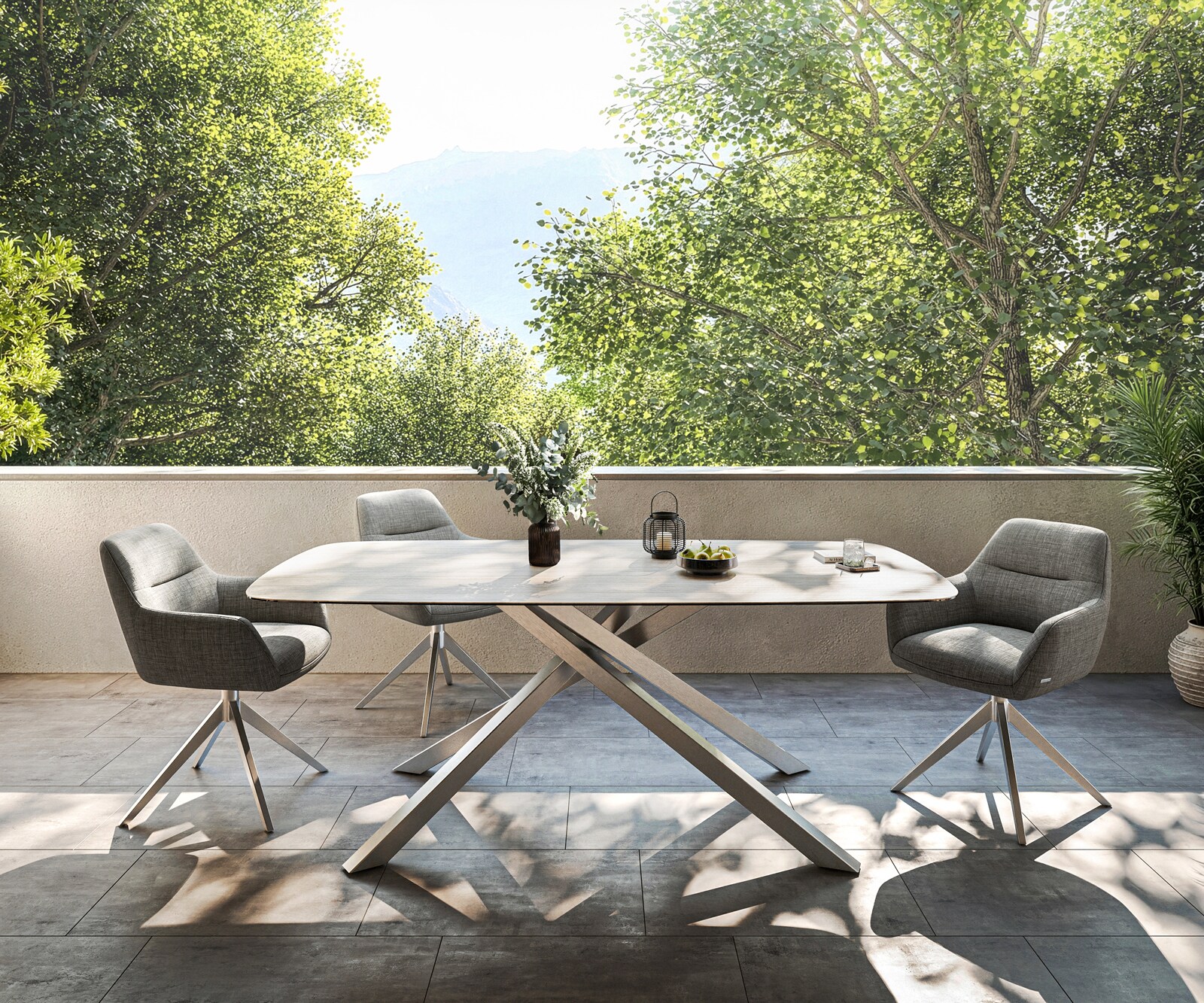 Outdoortafel Edge Boot 200x100 cm keramiek Laminam® Travertino Bianco crème-wit kruispoot rechthoekig roestvrij staal 2