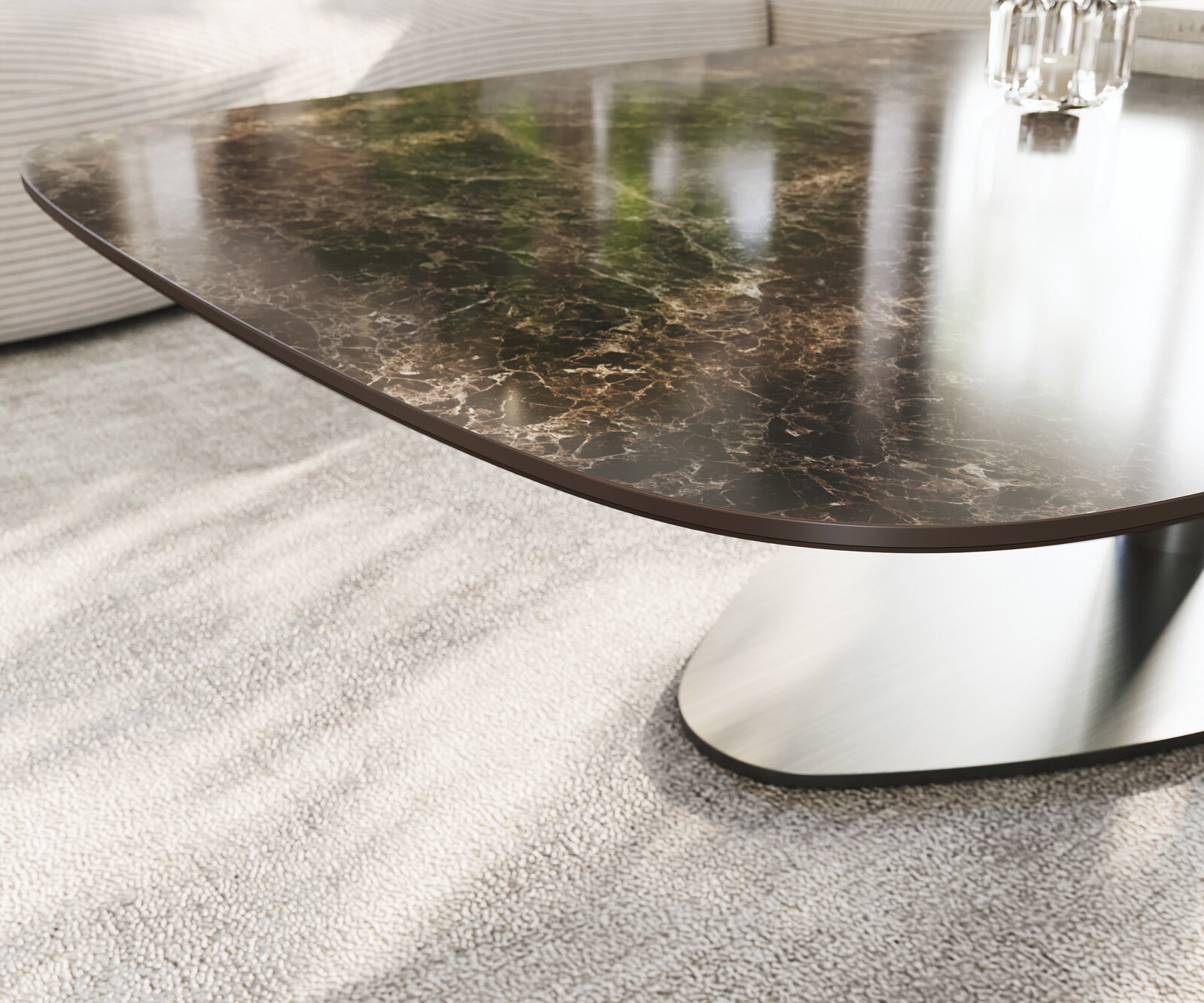Salontafel Edge Boot 140x80 cm keramiek Laminam® Emperador Extra Lucidato donkerbruin Vibany geborsteld roestvrij staal 6