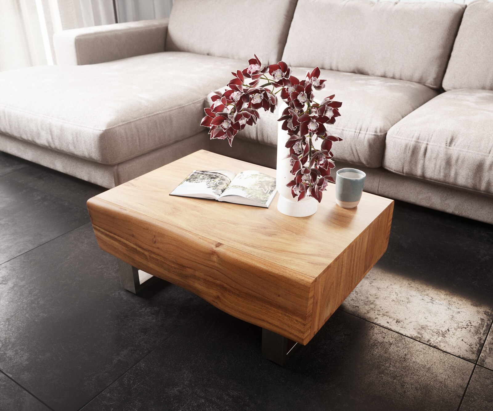 Salontafel New Live-Edge 80x60 cm acacia natuur 2 lades sledepoten geborsteld roestvrij staal