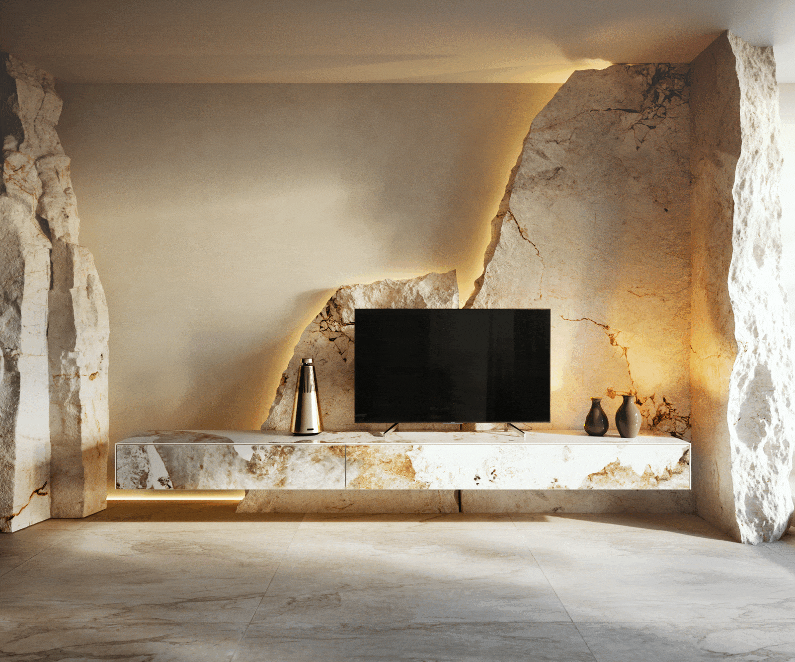 Tv-meubel Cuor 250 cm Keramiek Minas Melange Wit-beige 1 Flap 1 Lade Zwevend 6