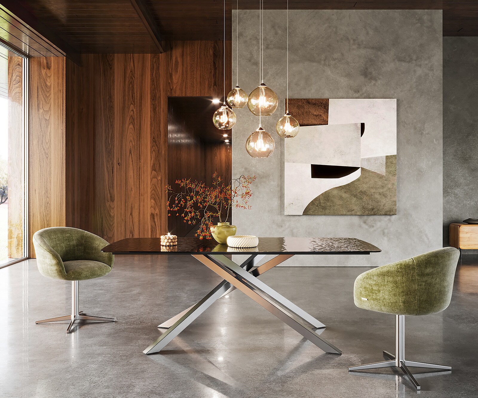 Eetkamertafel Edge Boot 200x100 Glas smelten rokerig zwart 3D-Relief kruisframe rechthoek RVS 1
