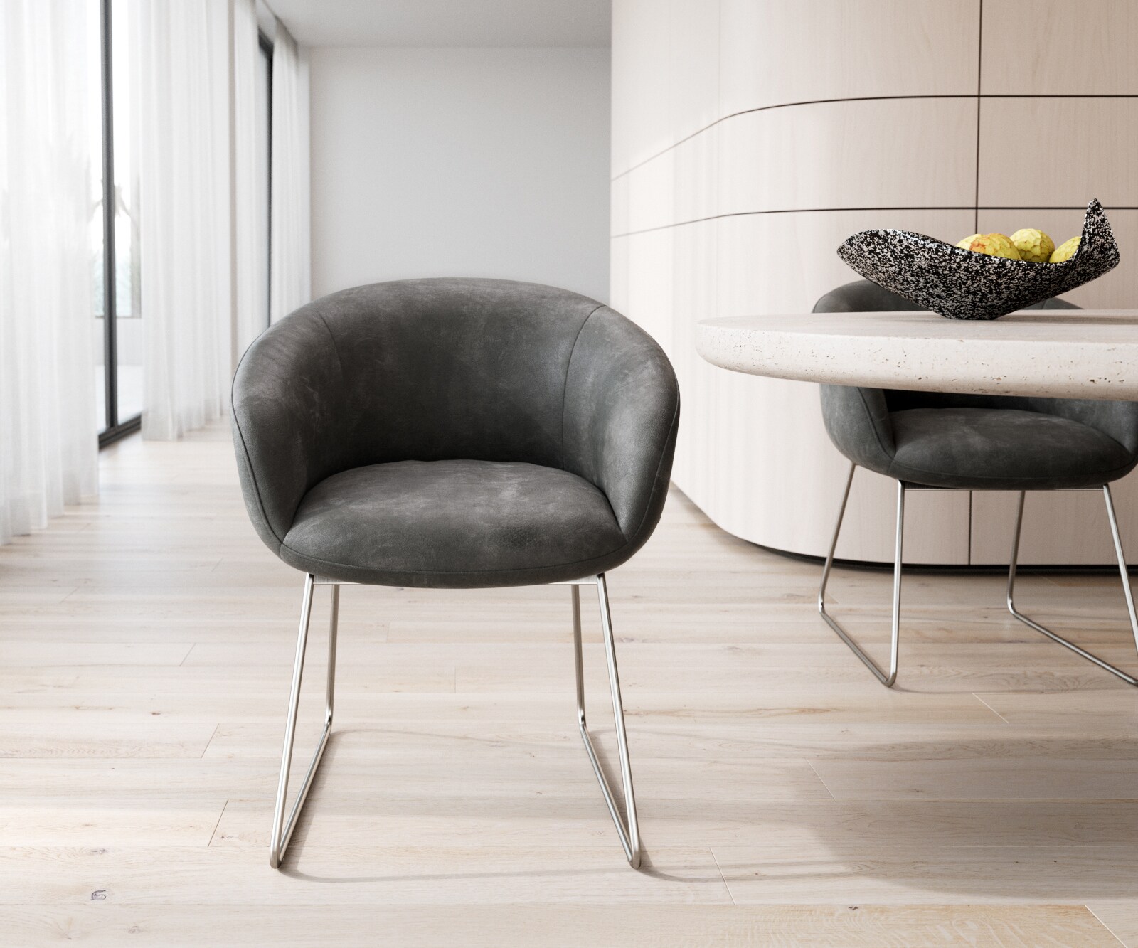 Eetkamerstoel Vinka-Flex met armleuning microvelours antraciet vintage slipframe roestvrij staal pocketveer kern 1 Eetkamerstoel Vinka-Flex met armleuning microvelours antraciet vintage slipframe roestvrij staal pocketveer kern 1