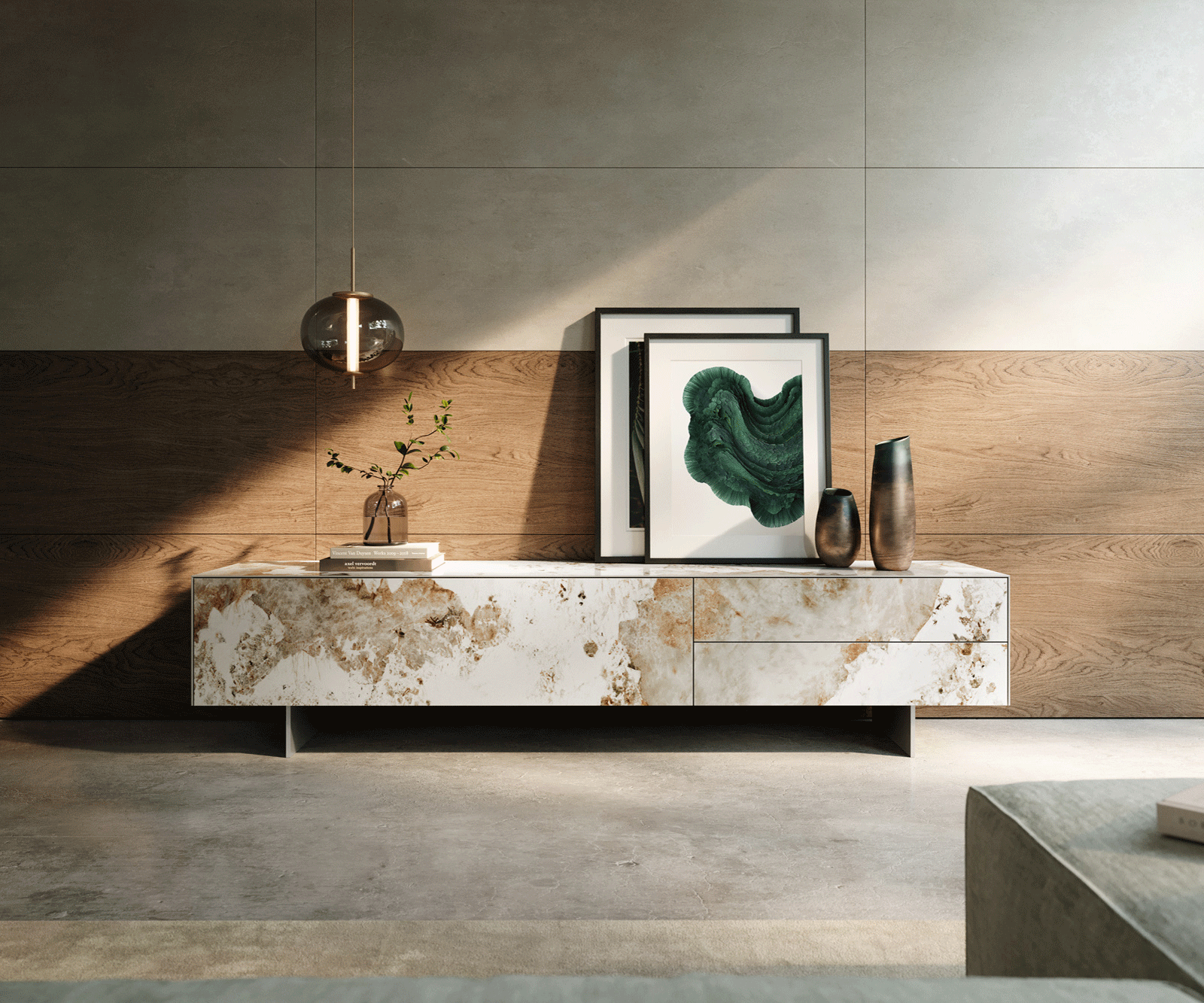 Tv-meubel Cuor 220 cm Keramiek Minas Melange Wit-beige 1 Flap 2 Laden Zwevende voet look Roestvrij staal 2