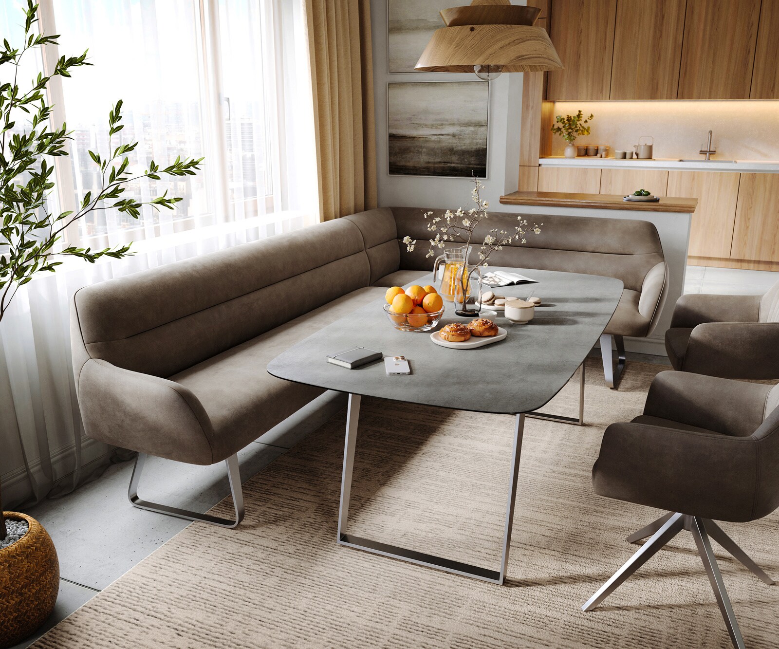 Eetkamerbank Taya-Flex 285x190 cm microvelours taupe vintage platte sledebasis roestvrij staal pocketvering links 1