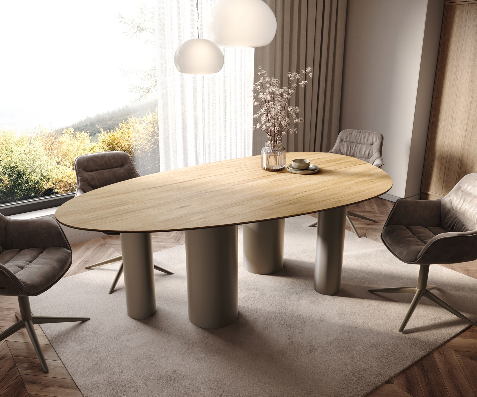 Eetkamertafel Edge ovaal 220x120 keramiek Laminam® Sabbia eiken kleur Pilier metaal effectafwerking titaan