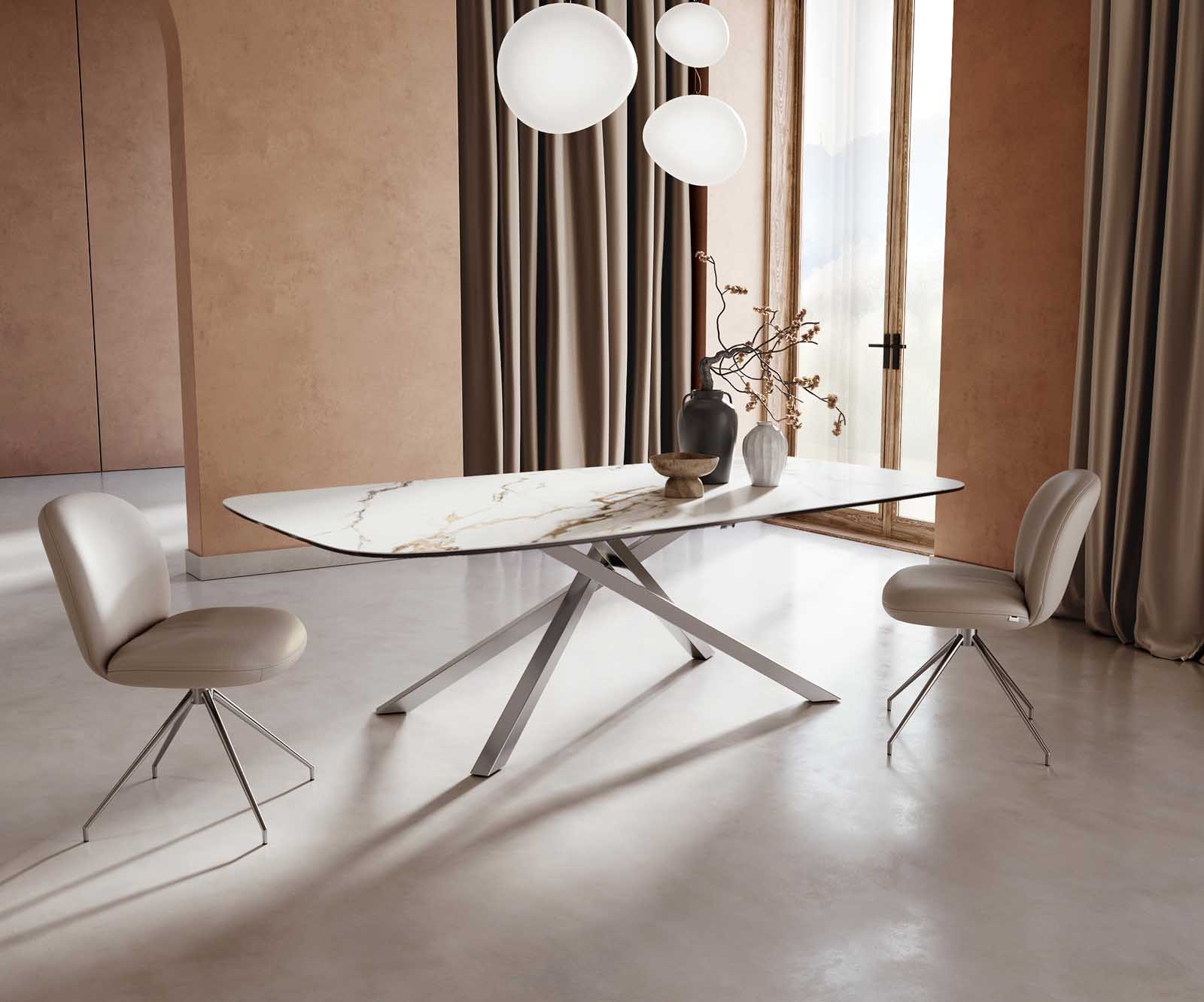 Eetkamertafel Edge Boot 240x120 keramiek Calacatta Luxe wit-goud-grijs kruisframe rechthoek RVS 1