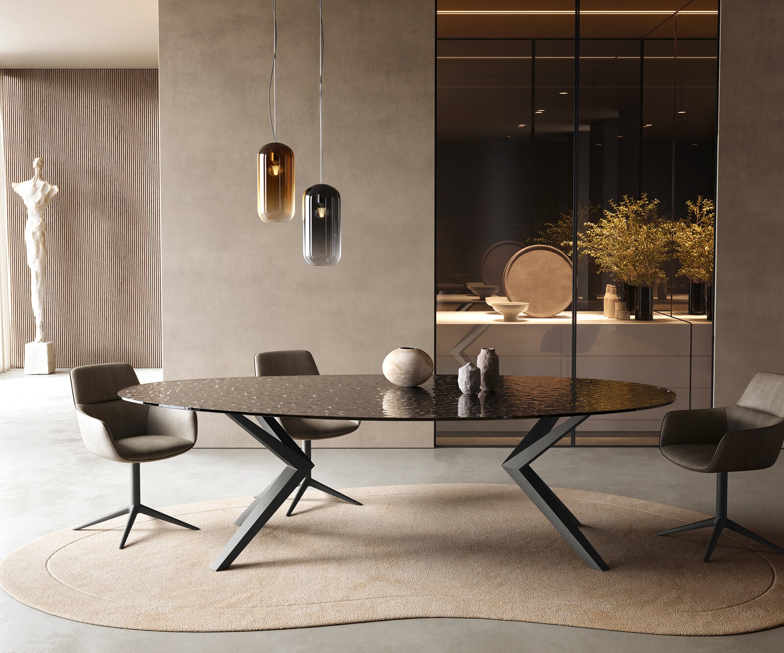 Eetkamertafel Edge ovaal 280x130 reliëfglas Rauchzwart 3D-Design Zenthara hoekig metaal zwart