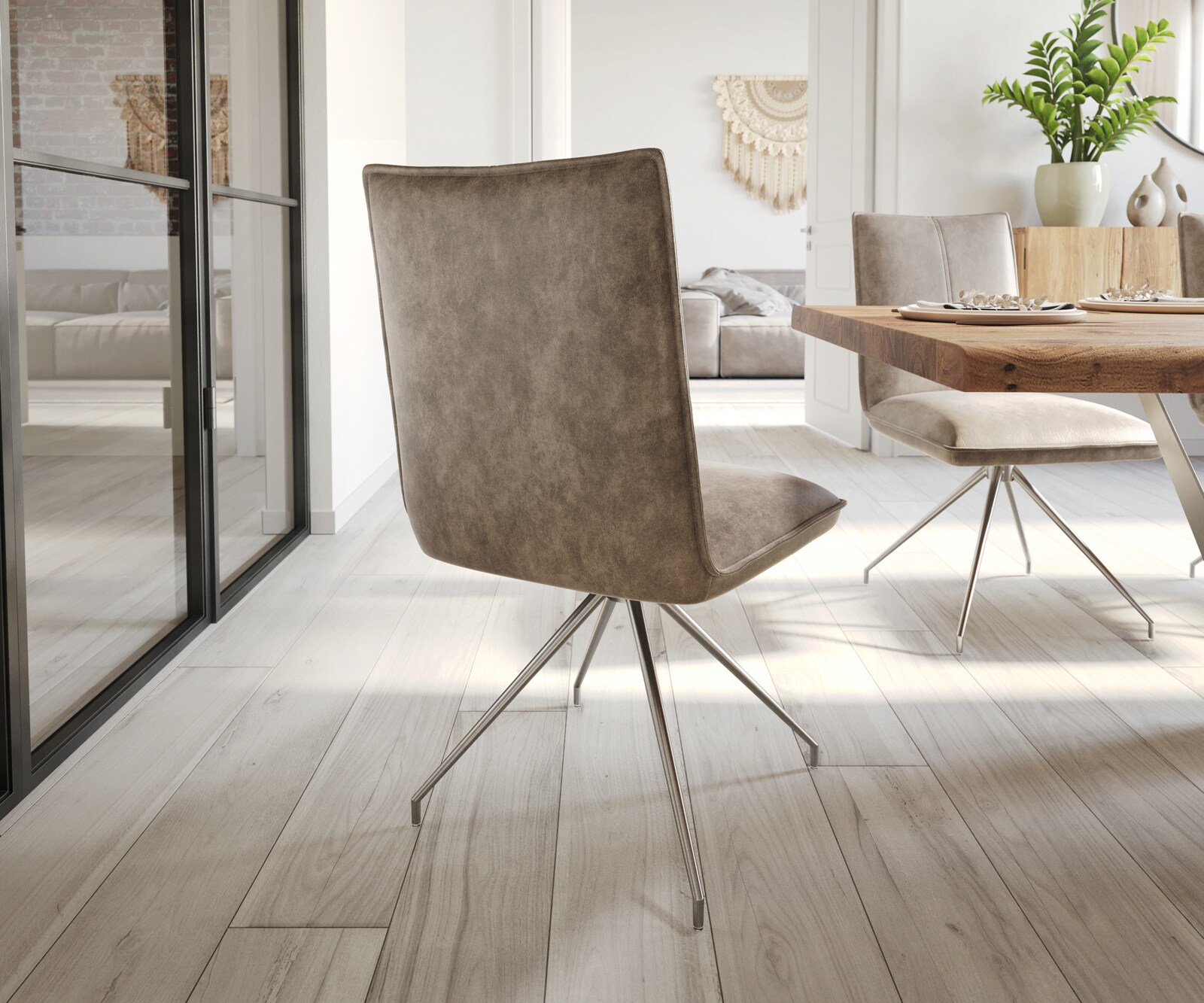 Eetkamerstoel Lelio-Flex microvelours taupe vintage kruisframe conisch roestvrij staal pocketveer kern 4