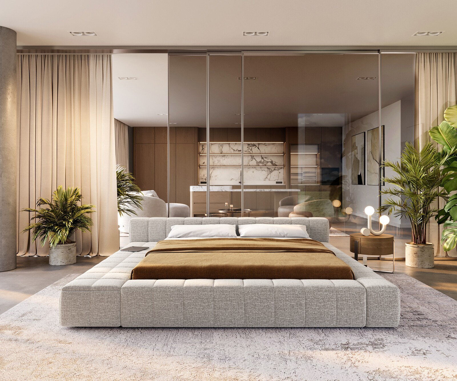 Gestoffeerd bedframe Espazio 180x200 cm geweven stof Soft Beige 1