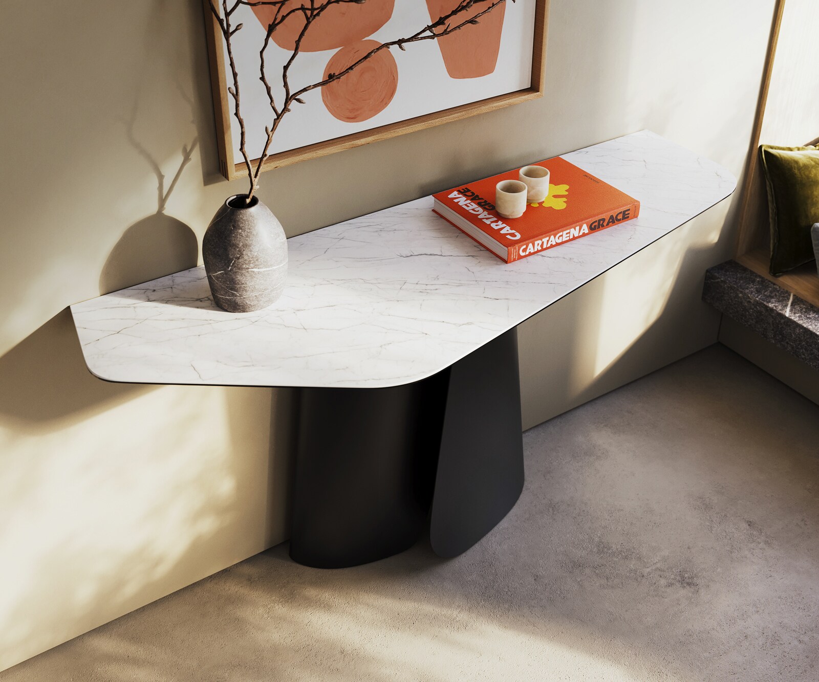 Consoletafel Edge Polygonaal 140x50 cm Keramiek Laminam® Statuarietto Weiß Livos Metaal Zwart 2