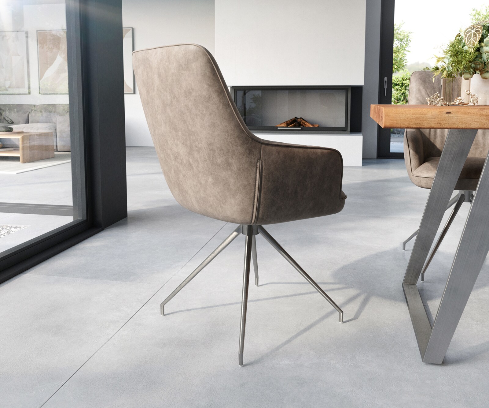 Eetkamerstoel Zelia-Flex met armleuning microvelours taupe vintage kruisframe conisch roestvrij staal pocketveer kern 4