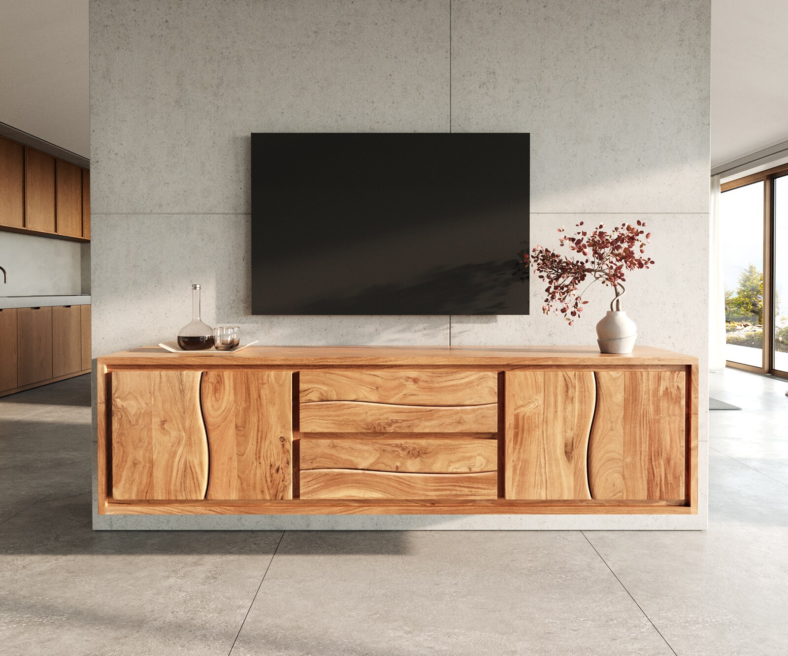 Tv-meubel Live-Edge 200 cm natuur acacia 4 deuren 2 laden zwevend 1