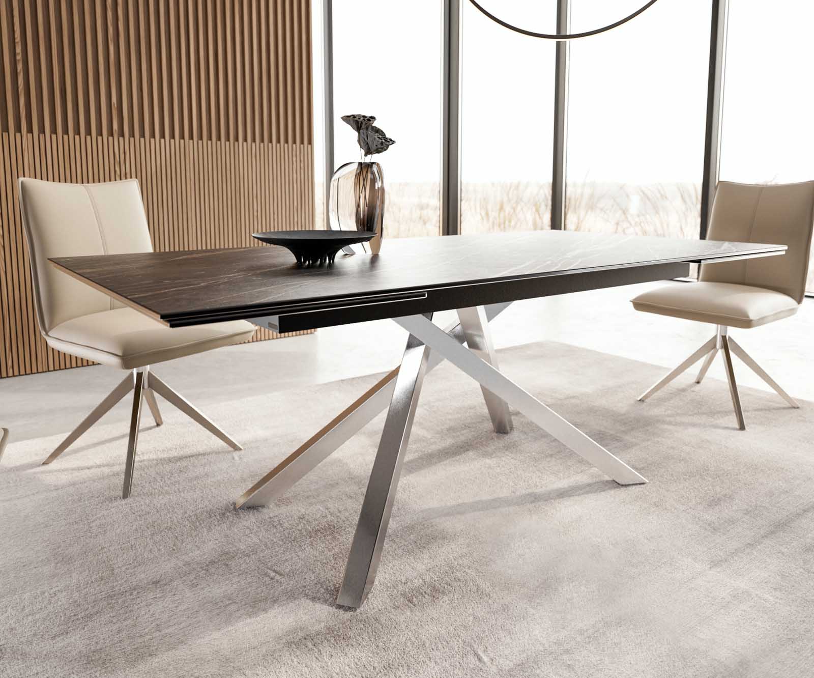 Eetkamertafel Edge 200-300x100 keramiek Laminam®Noir Desir bruin kruisframe rechthoek RVS uitschuifbaar 5 Eetkamertafel Edge 200-300x100 keramiek Laminam®Noir Desir bruin kruisframe rechthoek RVS uitschuifbaar 5