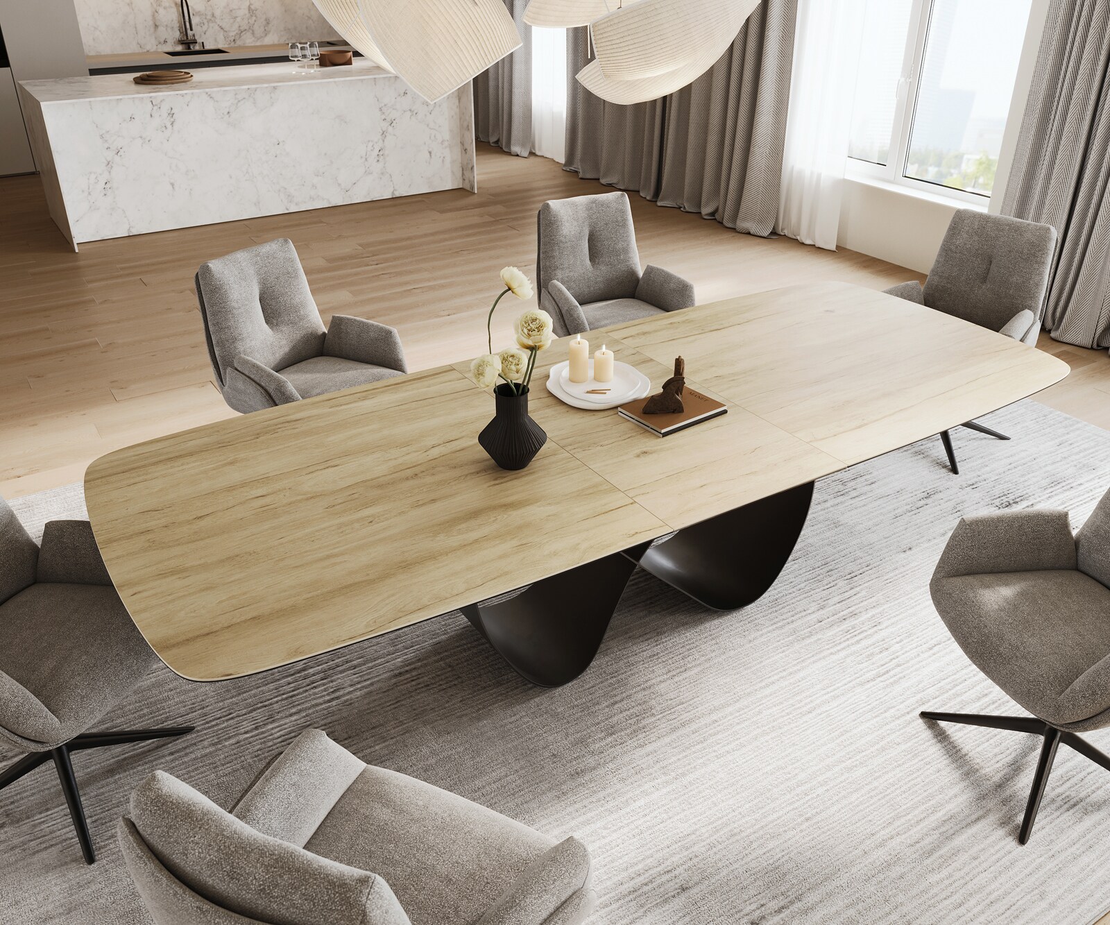 Eettafel Edge Boot 240-300x120 cm Keramiek Laminam® Sabbia Eichefarbig Infinity Metaal Zwart uitschuifbaar 4