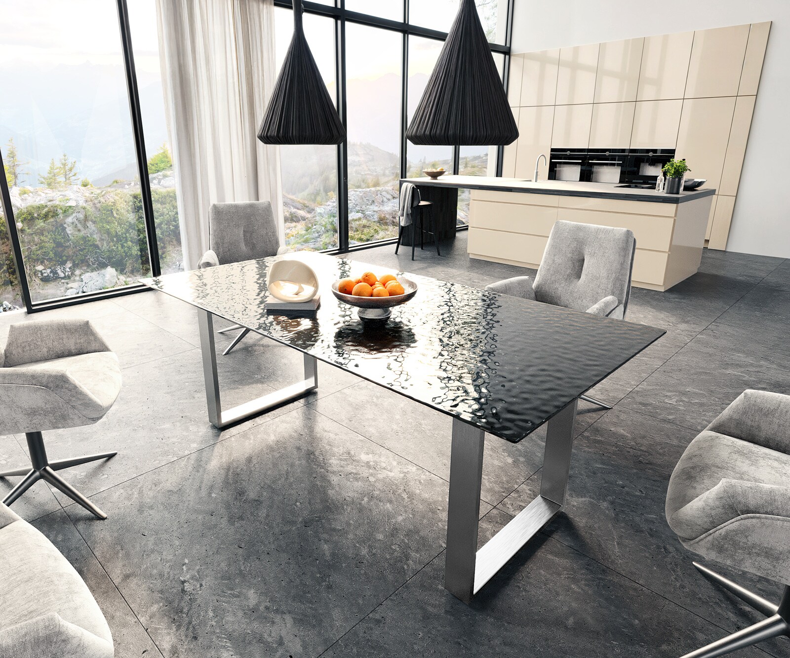 Eetkamertafel Edge 200x100 Glas smelten rokerig zwart 3D-Relief RVS Schmal