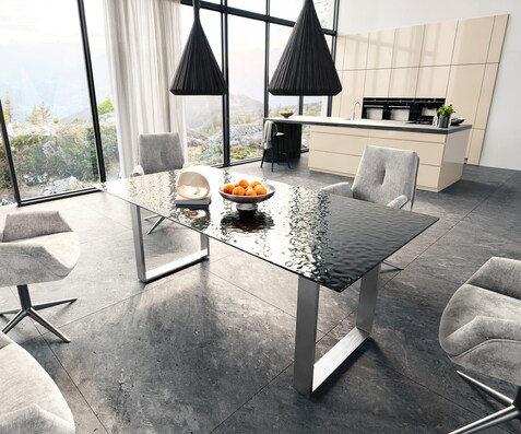Eetkamertafel Edge 200x100 Glas smelten rokerig zwart 3D-Relief RVS Schmal