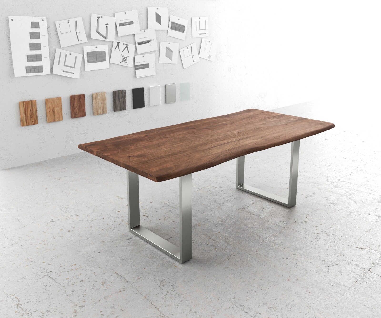 Eettafel Edge 200x100 acacia bruin roestvrijstaal smal Live-Edge