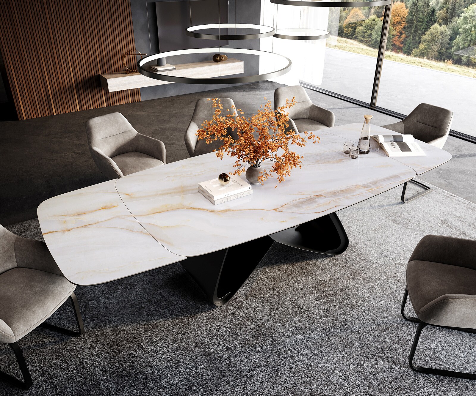 Eettafel Edge Boot 200-300x120 cm Keramiek Onyx Pearl W-onderstel Metaal Zwart uitschuifbaar 4