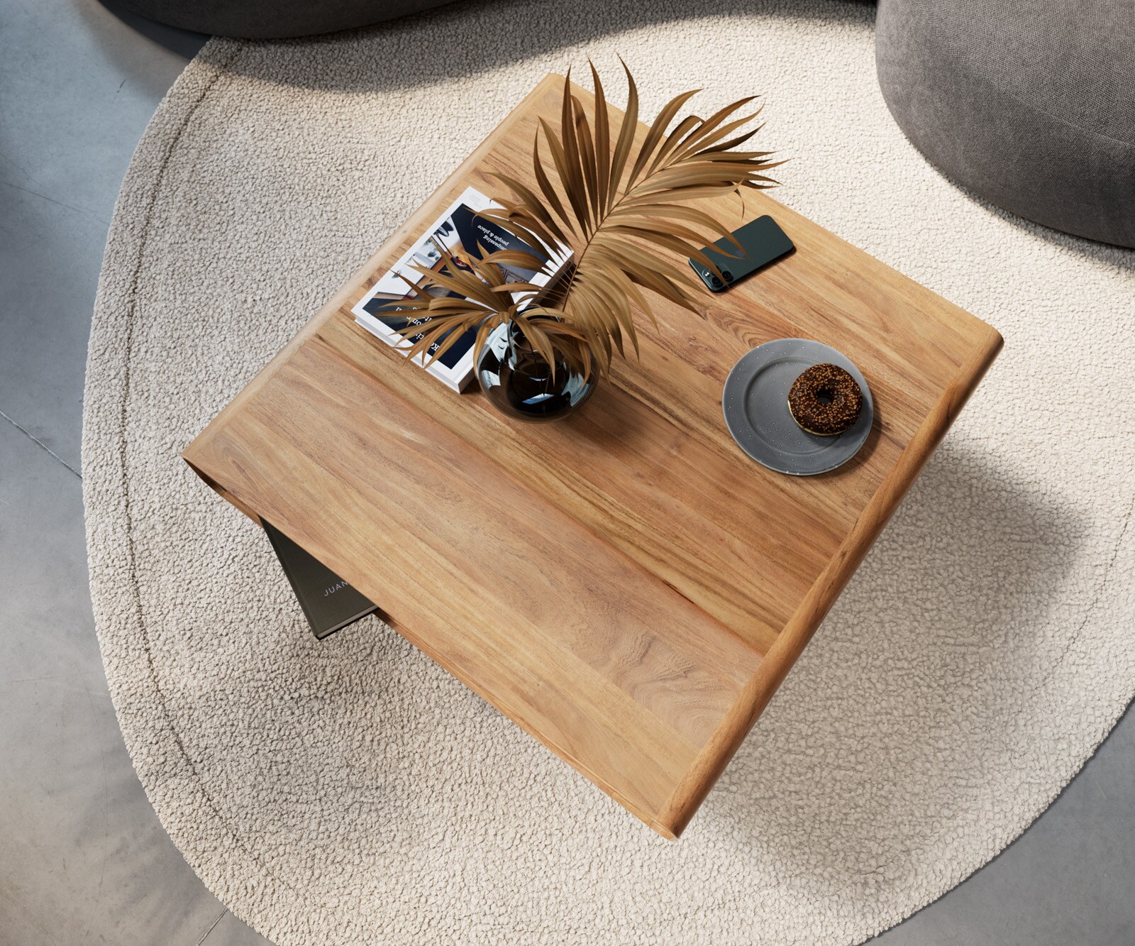 Salontafel Anaya 90x90 cm natuur acacia 1 lade L-poot roestvrij staal 5