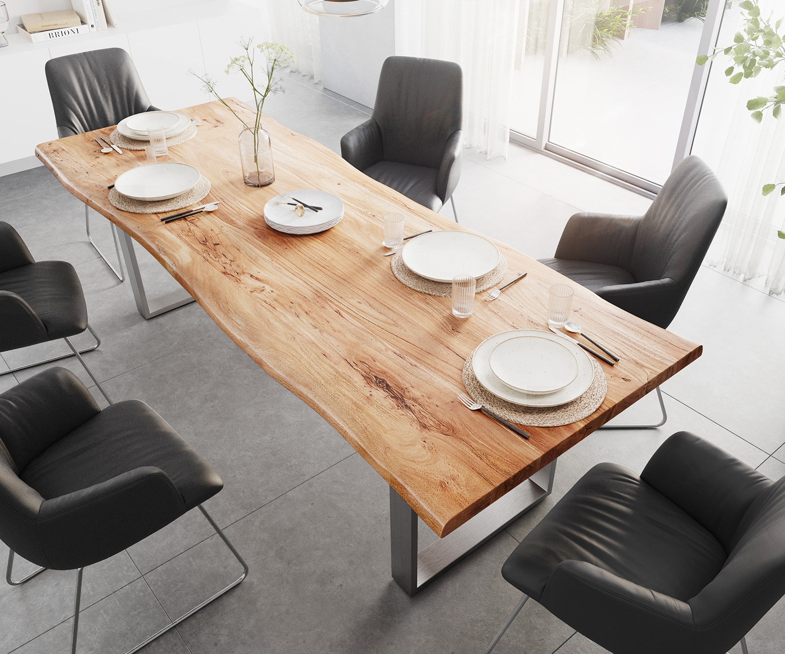 Eettafel Edge 260x100 XL acacia natuur roestvrijstaal smal Live-Edge 2 Eettafel Edge 260x100 XL acacia natuur roestvrijstaal smal Live-Edge 2