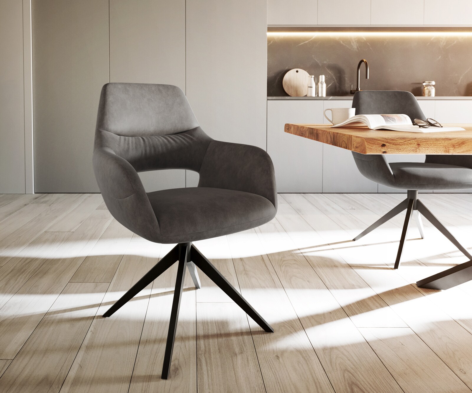 Eetkamerstoel Yago-Flex met armleuning microvelours antraciet vintage kruisframe breed zwart pocketveer kern Eetkamerstoel Yago-Flex met armleuning microvelours antraciet vintage kruisframe breed zwart pocketveer kern