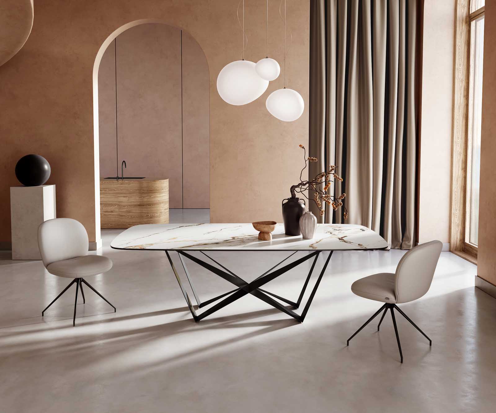 Eetkamertafel Edge Boot 240x120 keramiek Calacatta Luxe wit-goud-grijs spider vlak staal zwart