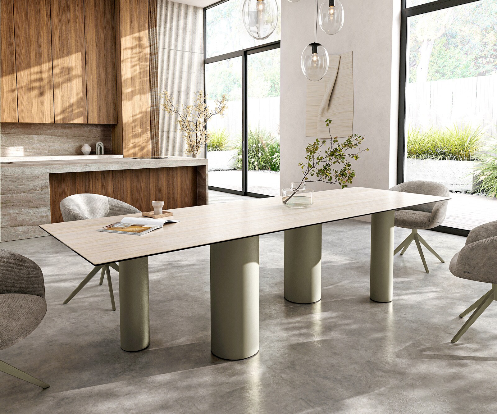 Eettafel Edge 300x100 keramiek  Laminam® Travertino Bianco Creme-wit Pilier metaal effectafwerking Titan